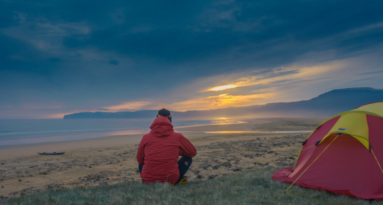 Veiga Grétarsdóttir camping off the coast of Iceland in Against the Current, a film by Óskar Páll Sveinsson.