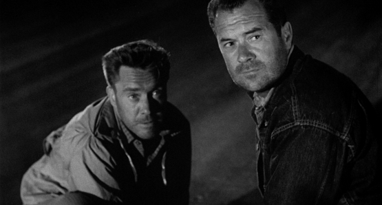 Edmund O'Brien and Frank Lovejoy cannot shake William Talman's THE HITCH-HIKER.