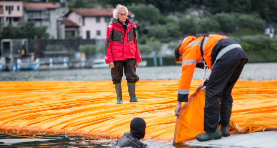 Christo in a scene from <i>Walking on Water</i>, courtesy Kino Lorber